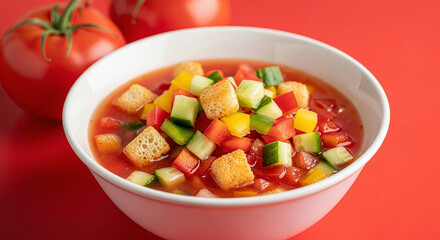 Spanish Gazpacho with Vibrant Tomato Red Background