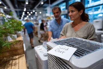 A sign displaying 'Sold Out' is placed on a practical air conditioning unit in a bustling retail environment, highlighting the demand for cooling products during summer.
