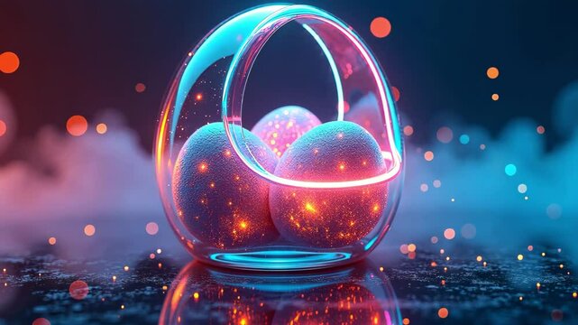 Glowing textured eggs in a Neon glass basket. Futuristic Easter holiday celebration concept with bright lights. Digital animation.