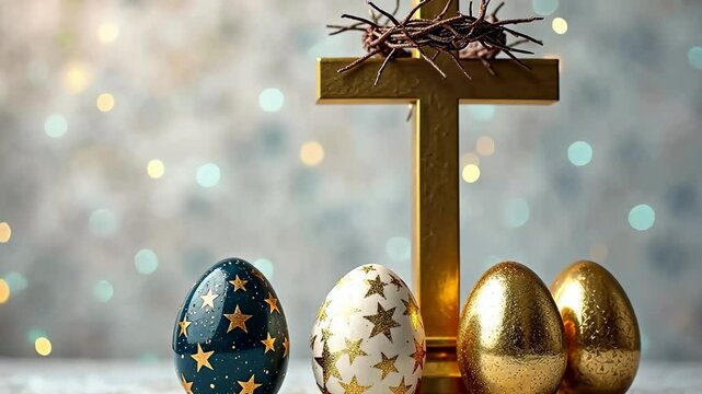 Decorative Easter eggs and golden cross with crown of thorns, religious holiday celebration footage.