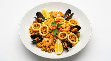 Spanish Seafood Paella on White Plate