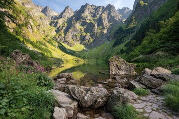 Obraz premium Serene alpine lake nestled in a valley of towering peaks. Sunlight bathes the scene, reflecting on the glassy water. Rocks line the shoreline, vibrant green vegetation surrounds the water's edge