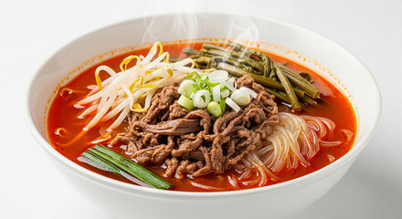 Spicy Beef and Vegetable Hot Pot (Yukgaejang) in White Bowl