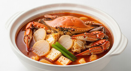 Spicy Crab Soup with Vegetables (Kkotgetang) in White Bowl