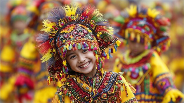 Smiling Girl in Bright Yellow Traditional Costume Dancing at Kadayawan Festival Parade in Davao City