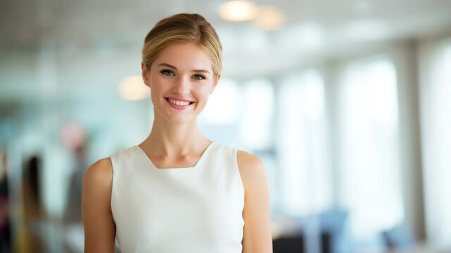 Confident young woman smiling and flexing arm in bright office environment