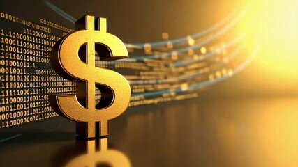 Golden dollar sign with flowing digital binary code data. Global finance, currency exchange, and digital economy growth concept animation. - Powered by Adobe