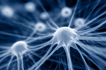 Close-up digital illustration of neural cells interconnected by thin fibers, depicting brain and nervous system activity in a blue-toned microscopic view.