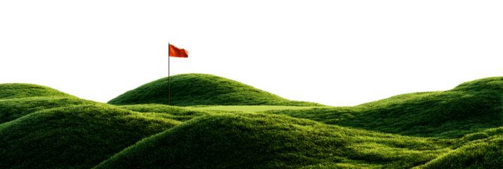 Vintage Golf Putting Green Hilltop - Isolated Background, Retro Golf Course, Lush Green, Flag, Classic Golf Scene
