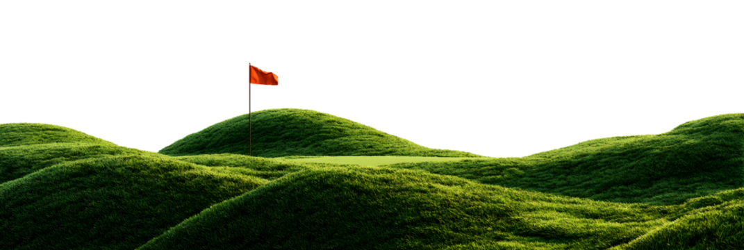 Vintage Golf Putting Green Hilltop - Isolated Background, Retro Golf Course, Lush Green, Flag, Classic Golf Scene