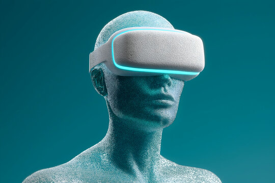 A digital humanoid figure wears a virtual reality headset, symbolizing advanced technology and immersive digital experiences in a futuristic setting. - Powered by Adobe