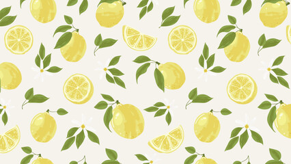 Mediterranean Horizontal background with lemons and leaves. Seamless Vector Pattern