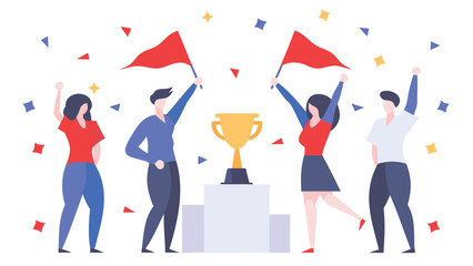 Illustration of a group celebrating a victory with a trophy and flags on a podium with confetti