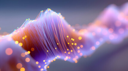 Abstract digital wave with glowing particles and flowing lines creating a futuristic, dynamic visual effect in soft purple and orange hues.