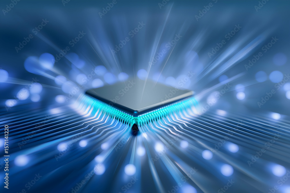 Aufkleber a glowing microchip is at the center of a digital circuit, emitting blue light and surrounded by dat