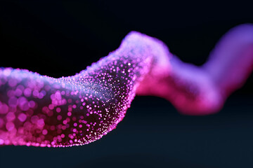 A flowing, abstract wave of glowing pink and purple particles against a dark background, creating a dynamic and futuristic visual effect.