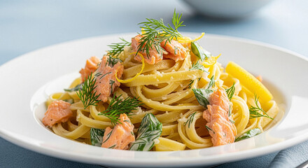 Swedish Creamy Salmon Pasta with Nordic Mist Blue Background