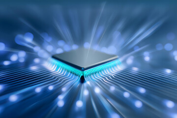 A glowing microchip is at the center of a digital circuit, emitting blue light and surrounded by data streams and network connections in a futuristic tech environment.