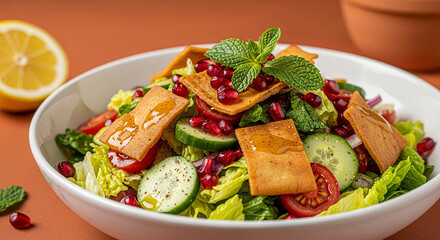 Syrian Fattoush Salad with Pomegranate and Terra Cotta Background
