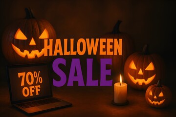 Halloween sale banner with laptop displaying 70 percent off, jack-o-lantern, trick or treat visual, candlelight, perfect for special offer event, online shopping, and festive fall promotion.