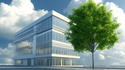 Modern Office Building with Lush Green Tree, Sunny Day