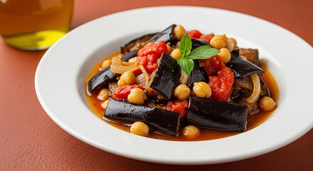 Syrian Maghmour Eggplant Stew with Terra Clay Red Background