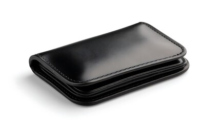 A compact leather cardholder wallet in black, on a white background .