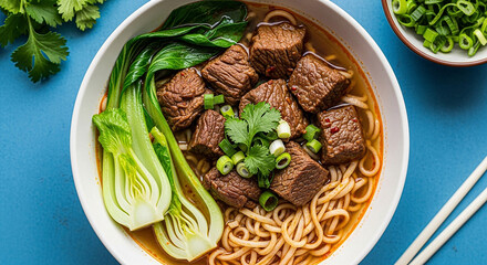 Taiwanese Beef Noodle Soup with Midnight Market Blue Background
