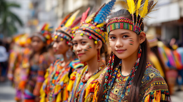 Smiling Girls in Colorful Traditional Costumes Celebrating the Kadayawan Festival Parade in Davao City, Philippines with Tribal Headdresses and Face Paint