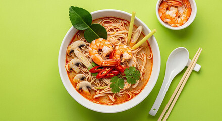 Thai Tom Yum Noodle Soup with Zesty Lime Green Background