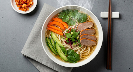 Tibetan Thukpa Noodle Soup with Himalayan Mist Gray Background