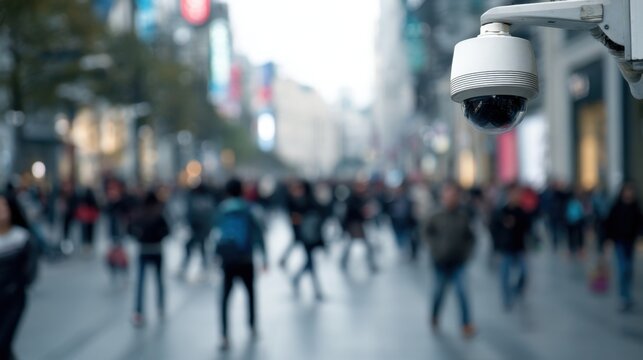 Closeup of a CCTV monitoring system actively analyzing pedestrian movements in a bustling urban area. Emphasizes the role of AIdriven facial recognition technology in crowd management - Powered by Adobe