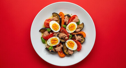 Tunisian Mechouia Salad with Spicy Red Background