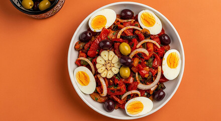 Tunisian Slata Mechouia Grilled Salad with Desert Sunset Orange Background
