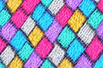 Vibrant, diamond-shaped, colorful pattern with a woven or textured grid