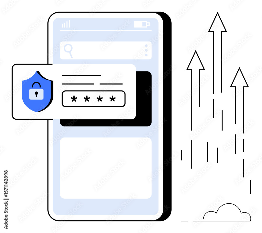 Poster mobile phone with password entry field, security shield icon for data protection. arrows signify gro