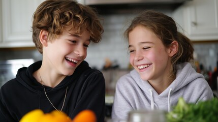 Kids laughing and enjoying cooking together in a cozy kitchen during the day while surrounded by fresh ingredients