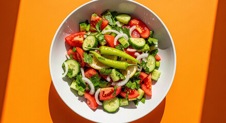 Turkish Shepherd Salad (Çoban Salatası) with Sun-Kissed Orange Background