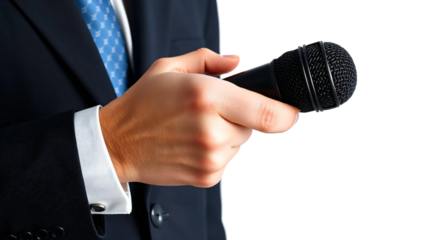 Hand holding microphone isolated on transparent background