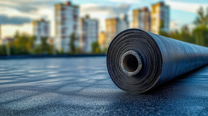 Roll of waterproofing membrane on flat rooftop with cityscape background