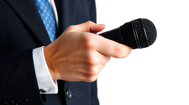 Hand holding microphone isolated on transparent background