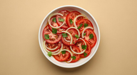 Uzbek Tomato and Onion Achichuk Salad with Desert Beige Background