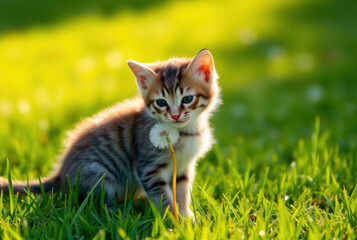 Adorable kitten playing with dandelion in green grass