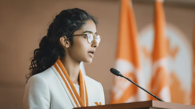 Woman Speaking at Podium with Orange Flags in Background at Event