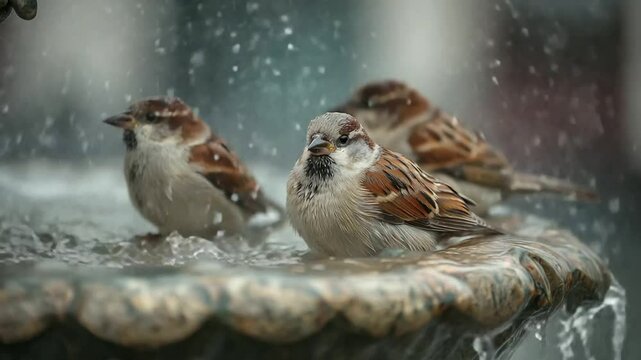 Sparrows Enjoying a Bath in an Urban Birdbath