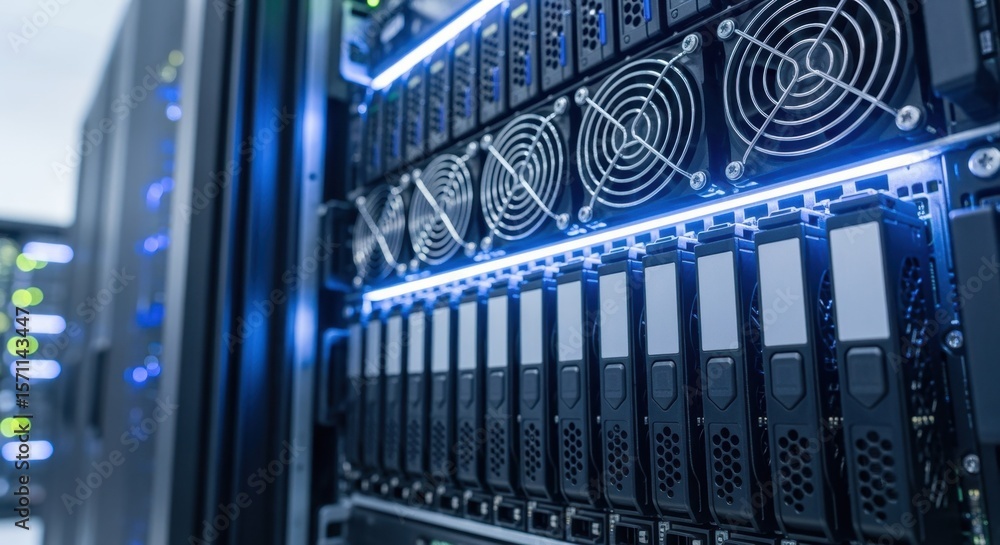 Aufkleber powerful cooling fans are working on blade servers in a modern data center, ensuring optimal tempera