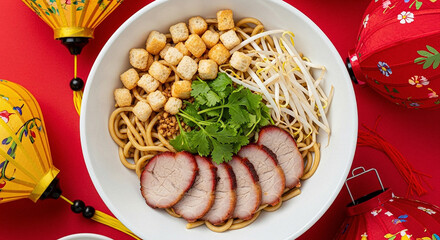 Vietnamese Cao Lau Noodles with Lantern Festival Red Background