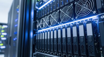 Powerful cooling fans are working on blade servers in a modern data center, ensuring optimal temperature and performance for critical operations