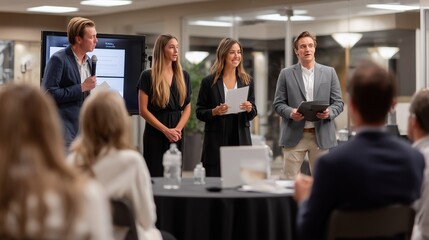 Presentation by four professionals at a business event in a modern conference room setting during the evening