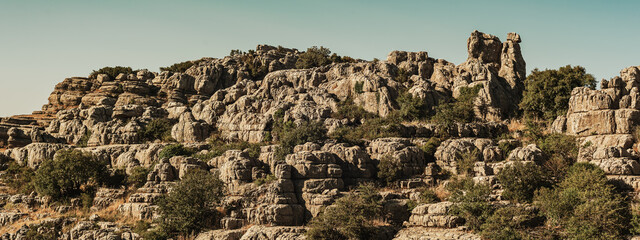 Limestone rock formations like pillars between green vegetation under a blue sky. National park El...